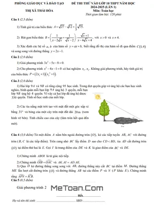 Đề thi thử Toán vào lớp 10 lần 1 năm 2024 - 2025 phòng GD&ĐT Thái Hòa - Nghệ An