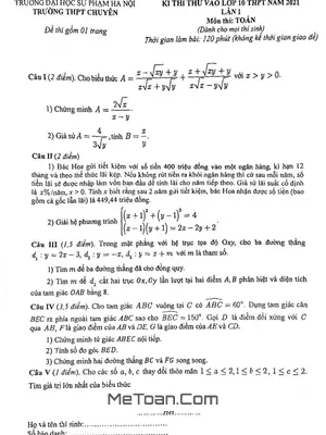 Đề thi thử vào lớp 10 môn Toán trường Chuyên ĐHSP Hà Nội năm 2021 - Lần 1