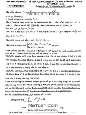 Đề thi chọn học sinh giỏi Toán 9 THCS năm 2022 - 2023 sở GD&ĐT Vĩnh Phúc