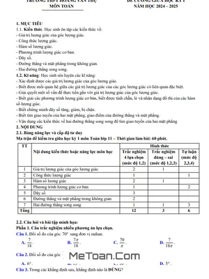 Đề Cương Ôn Tập Giữa Kỳ 1 Toán 11 Năm 2024 - 2025 Trường THPT Hoàng Văn Thụ - Hà Nội