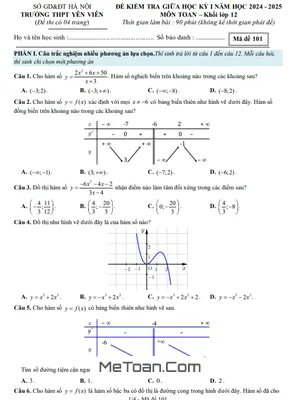 Đề giữa học kỳ 1 Toán 12 năm 2024 - 2025 trường THPT Yên Viên - Hà Nội