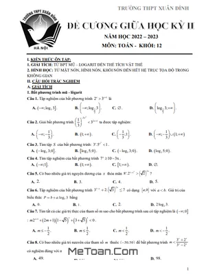 Đề Cương Ôn Tập Giữa Kỳ 2 Toán 12 Năm 2022 - 2023 Trường THPT Xuân Đỉnh - Hà Nội