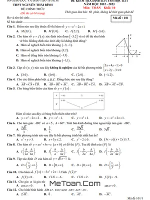 Đề thi học kì 1 Toán 10 năm 2022 - 2023 trường THPT Nguyễn Thái Bình - TP HCM