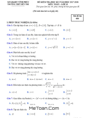 Đề thi học kỳ 1 Toán 10 năm học 2017 - 2018 trường THPT Bến Tre - Vĩnh Phúc