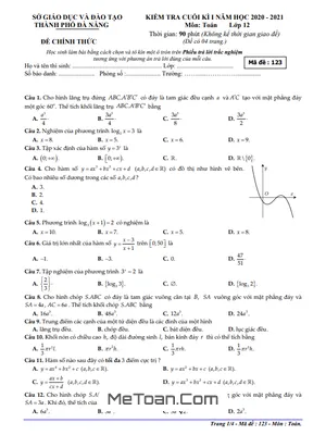 Đề thi học kì 1 Toán 12 năm 2020 - 2021 sở GD&ĐT Đà Nẵng mã đề 123
