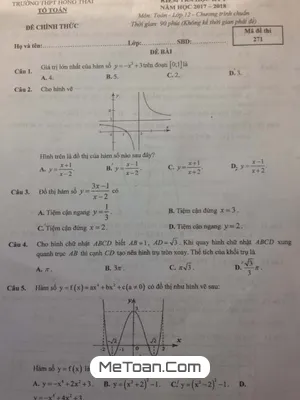 Đề thi HK1 Toán 12 năm 2017 - 2018 trường THPT Hồng Thái - Hà Nội - Mới Nhất