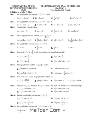Đề thi giữa kỳ 2 Toán 12 năm 2020 - 2021 trường THPT Đoàn Thượng - Hải Dương