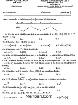 Đề khảo sát chất lượng Toán 12 năm 2023 - 2024 Sở GD&ĐT Bắc Ninh