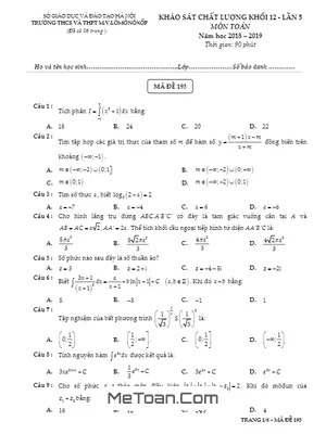 Đề khảo sát Toán 12 lần 5 năm 2018 - 2019 trường THPT M.V Lômônôxốp – Hà Nội