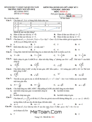 Đề thi giữa HK1 Toán 12 năm 2020 - 2021 trường THPT Nguyễn Huệ - Quảng Nam