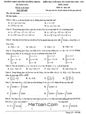 Đề thi cuối HK2 Toán 12 năm 2020 - 2021 trường chuyên Lê Hồng Phong - TP HCM