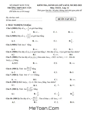 Trọn bộ 03 Đề ôn tập giữa kì 2 Toán 11 năm 2022 – 2023 trường THPT Duy Tân – Kon Tum