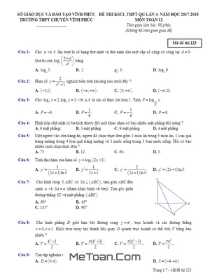 Đề thi KSCL THPTQG 2018 môn Toán trường THPT chuyên Vĩnh Phúc lần 4 - Mã đề 132