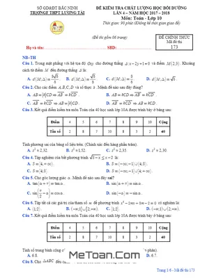 Đề thi học bồi dưỡng Toán 10 có đáp án trường THPT Lương Tài - Bắc Ninh năm 2017-2018