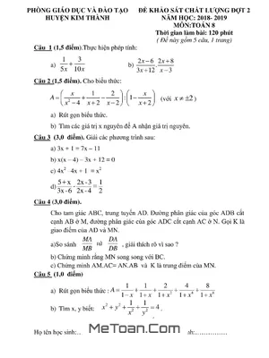 Đề KSCL Toán 8 đợt 2 năm 2018 - 2019 phòng GD&ĐT Kim Thành - Hải Dương