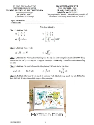 Đề thi học kỳ 1 Toán lớp 7 năm 2022 - 2023 trường Hoàng Gia - TP.HCM