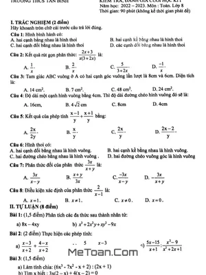 Đề Thi Học Kì 1 Toán 8 Năm 2022 - 2023 Trường THCS Tân Bình - TP HCM