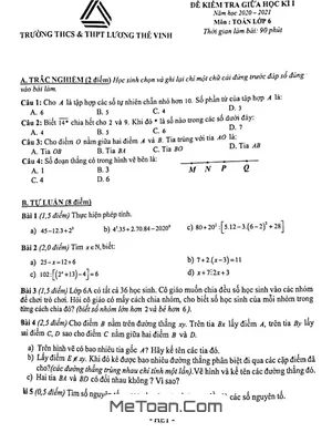 Đề thi giữa kì 1 Toán 6 năm 2020 - 2021 trường Lương Thế Vinh - Hà Nội