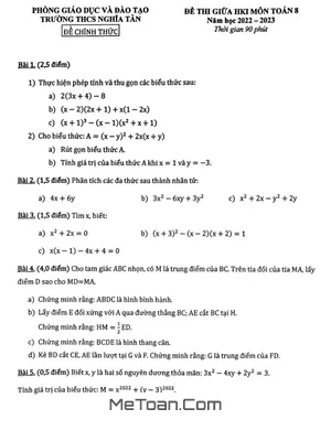 Đề Thi Giữa Học Kì 1 Toán 8 Năm 2022 - 2023 Trường THCS Nghĩa Tân - Hà Nội