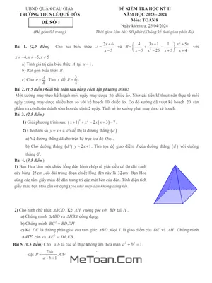 Đề thi học kỳ 2 Toán 8 năm 2023 - 2024 trường THCS Lê Quý Đôn - Hà Nội