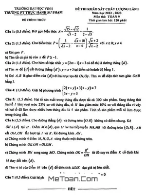 Đề khảo sát chất lượng Toán 9 lần 1 năm 2022 - 2023 trường PT Thực hành Sư phạm - Nghệ An