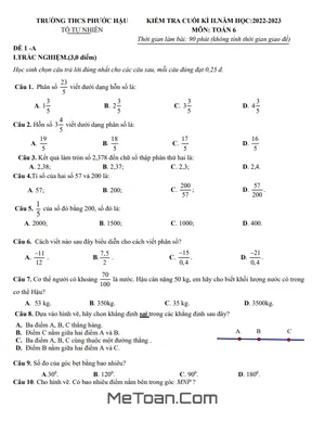 Đề Thi Cuối Kì 2 Toán 6 Năm 2022-2023 Trường THCS Phước Hậu - Vĩnh Long