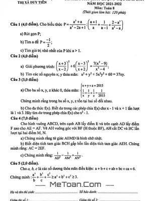 Đề thi học sinh giỏi Toán 8 năm 2021 - 2022 phòng GD&ĐT Duy Tiên - Hà Nam
