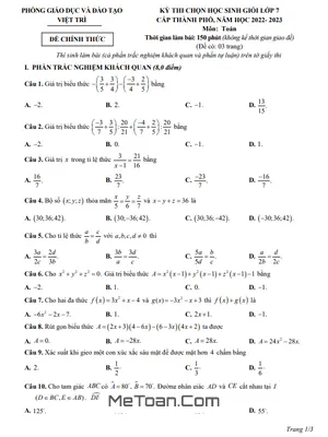 Đề thi HSG Toán 7 năm 2022 - 2023 phòng GD&ĐT Việt Trì - Phú Thọ