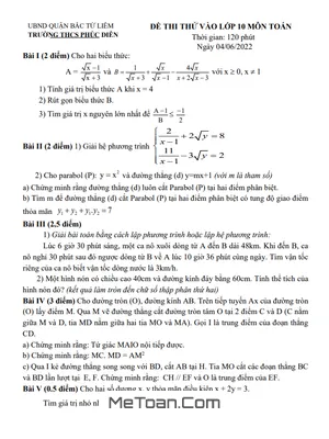 Đề thi thử vào lớp 10 môn Toán năm 2022 trường THCS Phúc Diễn – Hà Nội