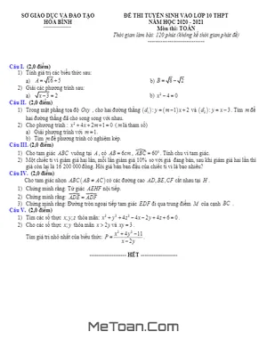 Đề thi tuyển sinh lớp 10 môn Toán năm 2020 - 2021 Sở GD&ĐT Hòa Bình