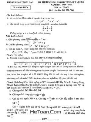 Đề HSG huyện Toán 9 vòng 2 năm 2024 - 2025 phòng GD&ĐT Nam Đàn - Nghệ An