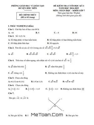 Đề thi học kì 1 Toán 7 năm 2024 - 2025 phòng GD&ĐT Hóc Môn - TP HCM