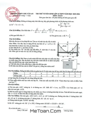 Đề thi thử Toán vào lớp 10 năm 2025 - 2026 trường THPT Chu Văn An - Thái Nguyên