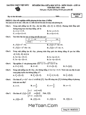 Đề Thi Giữa Học Kỳ 2 Toán 10 Năm 2025-2026 Trường THPT Việt Đức, Hà Nội