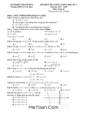 Đề thi HK1 Toán 10 năm học 2017 - 2018 trường THPT Lê Văn Hưu - Thanh Hóa (có lời giải)