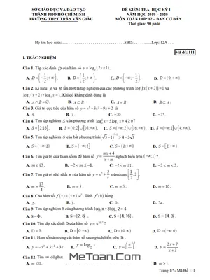 Đề Thi Học Kì 1 Toán 12 Năm 2019 - 2020 Trường THPT Trần Văn Giàu - TP HCM