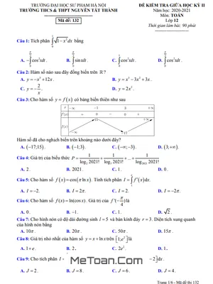 Đề thi giữa kỳ 2 Toán 12 năm 2020 - 2021 trường Nguyễn Tất Thành - Hà Nội