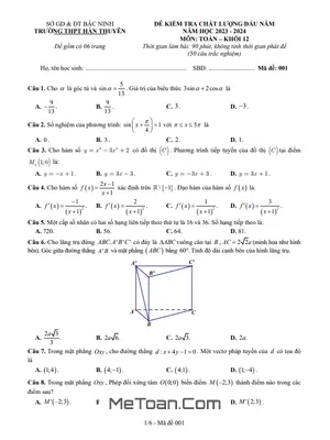 Đề kiểm tra Toán 12 đầu năm 2023 – 2024 trường THPT Hàn Thuyên – Bắc Ninh