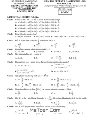 Đề thi cuối kỳ 1 Toán 11 năm 2023 - 2024 trường THPT Phạm Phú Thứ - Đà Nẵng
