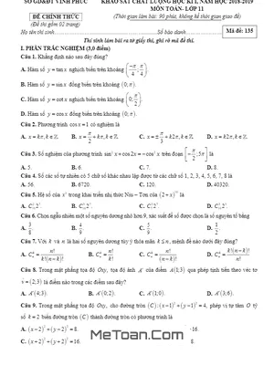 Đề KSCL Học Kỳ 1 Toán 11 Năm Học 2018 - 2019 Sở GD&ĐT Vĩnh Phúc