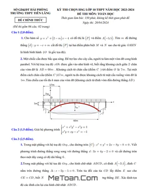 Đề thi chọn HSG Toán 10 năm 2023 - 2024 trường THPT Tiên Lãng - Hải Phòng