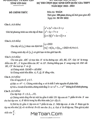 Đề chọn đội tuyển thi HSG QG môn Toán năm 2022 - 2023 sở GD&ĐT Yên Bái