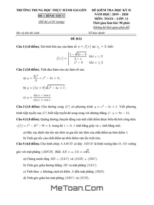 Đề thi học kì 2 Toán 11 năm 2019 - 2020 trường THPT Thực hành Sài Gòn - TP.HCM
