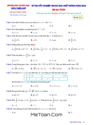 Đề thi thử THPT Quốc gia 2023 môn Toán sở GD&ĐT Thừa Thiên Huế (có đáp án)