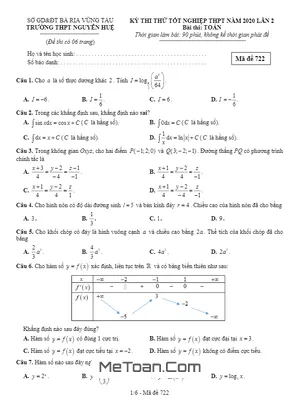Đề thi thử THPT Quốc gia 2020 môn Toán lần 2 trường THPT Nguyễn Huệ - BR VT có đáp án