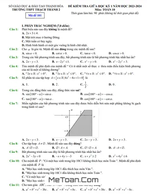 Đề Thi Giữa Kỳ 1 Toán 10 Năm 2023 - 2024 Trường THPT Thạch Thành 2 - Thanh Hóa