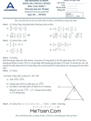 Đề kiểm tra Toán lớp 7 tháng 9 năm 2022 trường Archimedes School – Hà Nội