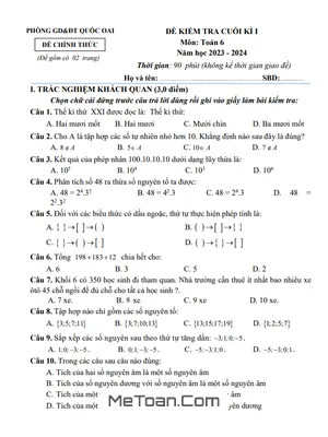 Đề thi học kì 1 Toán lớp 6 năm 2023 - 2024 phòng GD&ĐT Quốc Oai - Hà Nội