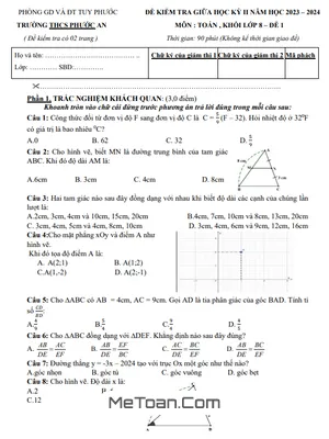 Đề thi giữa kỳ 2 Toán 8 năm 2023 - 2024 trường THCS Phước An - Bình Định