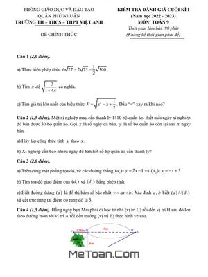 Đề Thi Cuối Kì 1 Toán 9 Năm 2022 - 2023 Trường Việt Anh - TP HCM